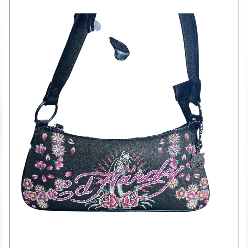 Ed Hardy Black Cross Body Shoulder Bag with Pink Floral Design